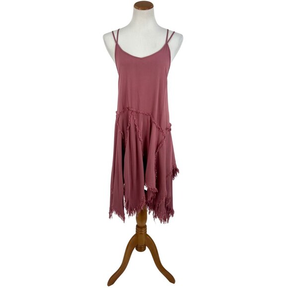 Free People Mauve Pink Frayed Hem Asymmetrical Spaghetti Strap Boho Slip Dress - Picture 9 of 16